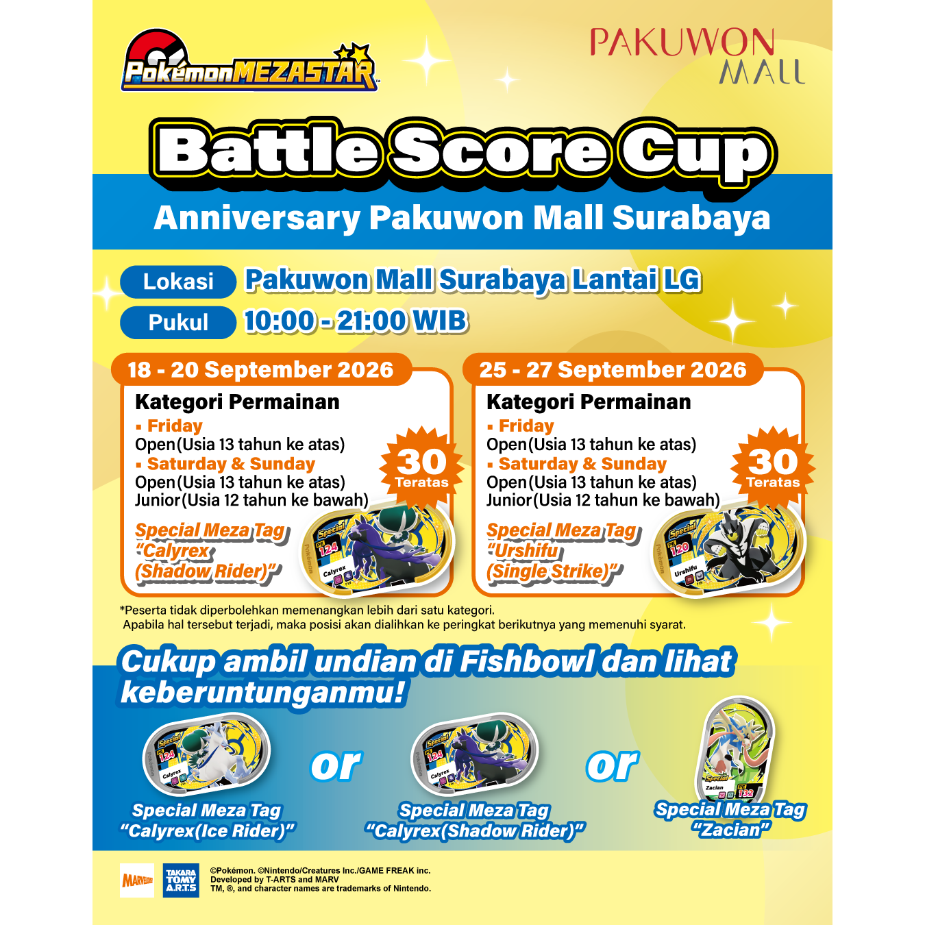 To celebrate the Anniversary of Pakuwon Mall Surabaya, the Pokémon MEZASTAR Battle Score Cup is coming to you on September 18-20 & 25-27, 2026!