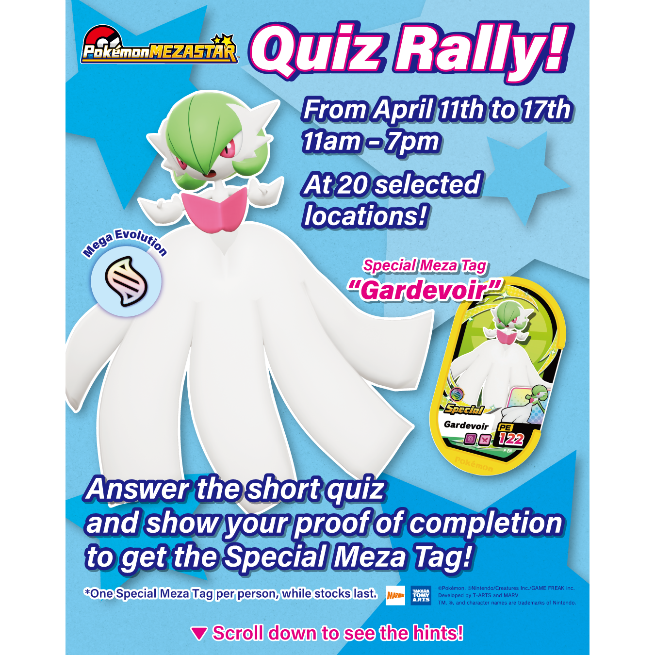 Quiz Rally Giveaway! Get a Special Meza Tag "Gardevoir" at 20 selected stores! (April 11th - 17th)